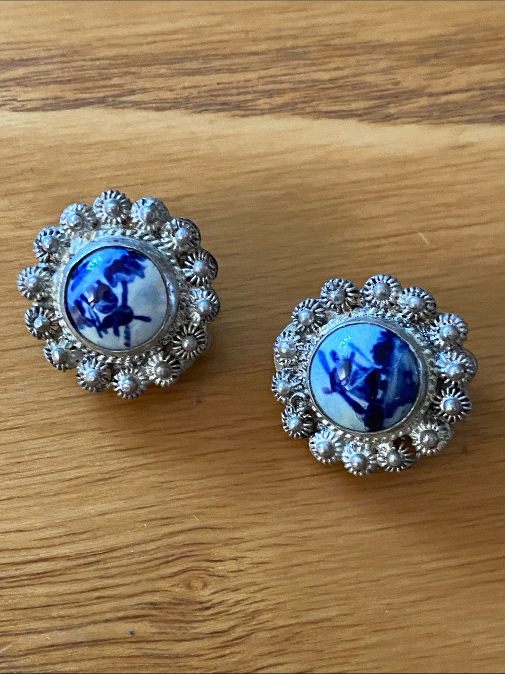 Delft windmill porcelain Floral Blue Porcelain Button vintage clip earrings